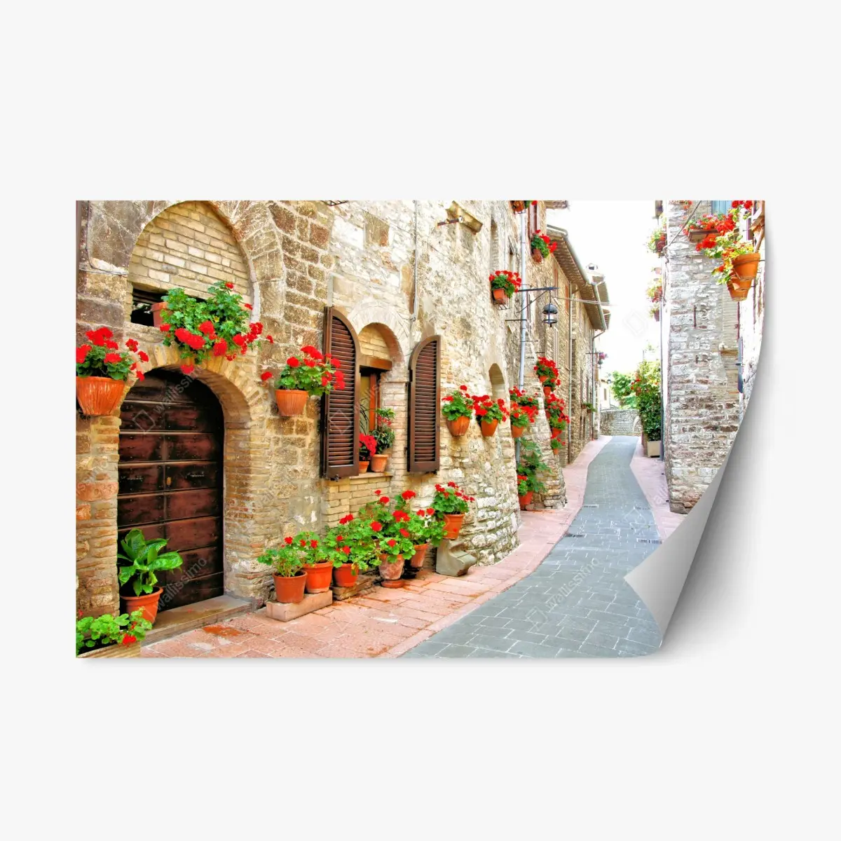 Repositionierbarer Aufkleber sonnige steingasse mit roten geranien – Pixers®