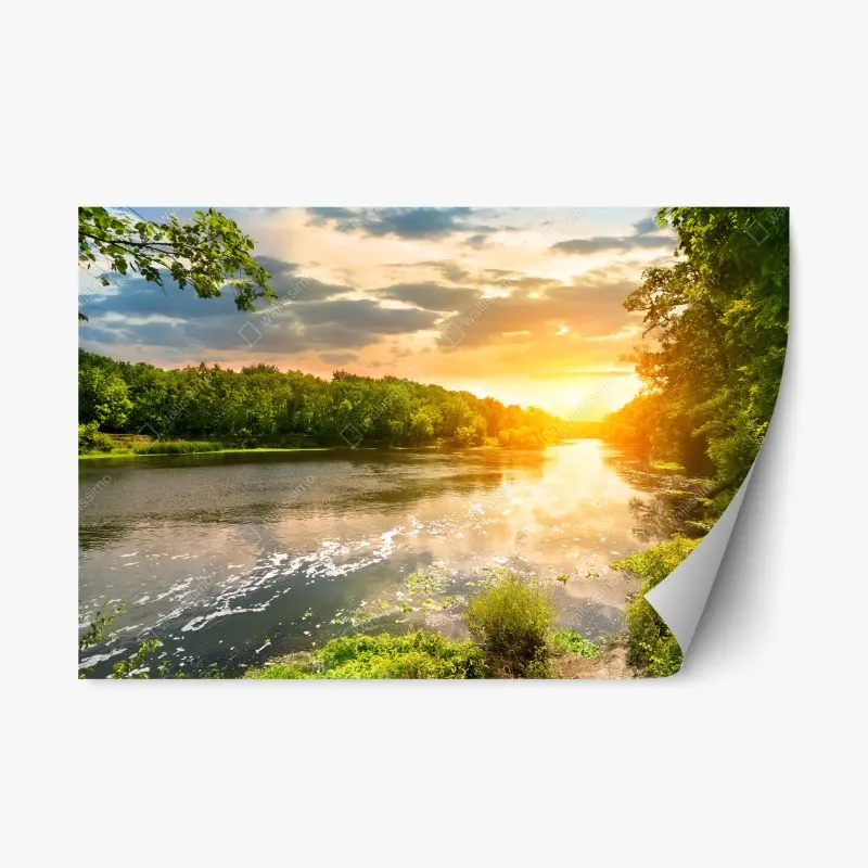 Repositionierbarer Aufkleber ruhiger sonnenuntergang am fluss im grünen wald