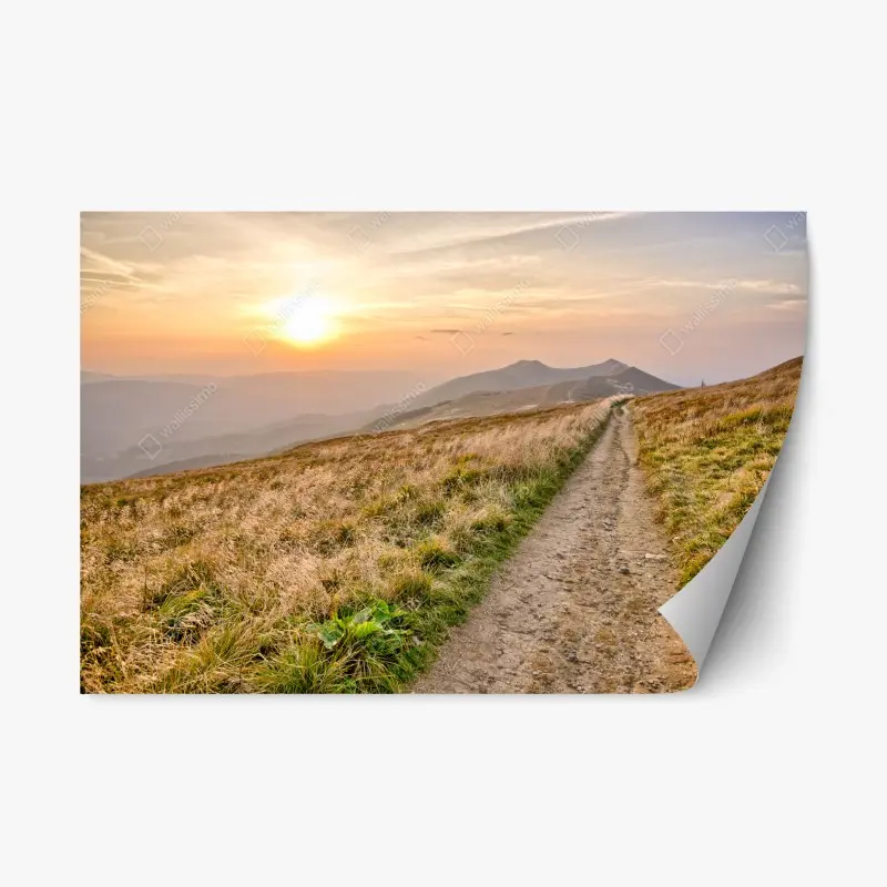 Repositionierbarer Aufkleber wanderpfad bei sonnenuntergang in Bieszczady