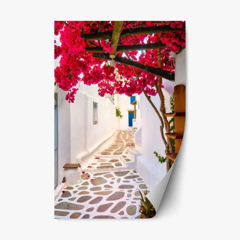 Repositionierbarer Aufkleber sonnige gasse in Griechenland mit bougainvillea
