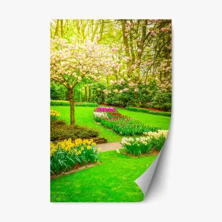 Repositionierbarer Aufkleber frühlingsgarten in blüte: tulpen und kirschblüten – Pixers®