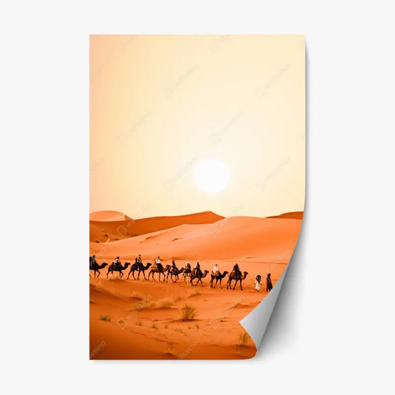 Repositionierbarer Aufkleber karawane von kamelen in der wüste bei sonnenuntergang