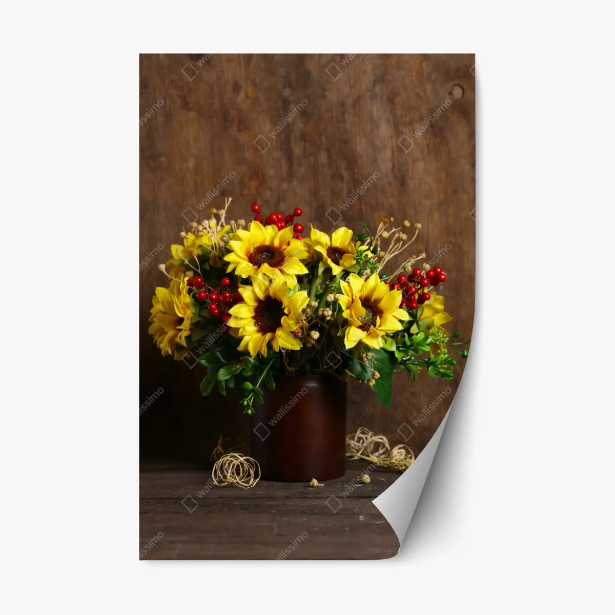 Repositionierbarer Aufkleber herbstlicher sonnenblumenstrauß vor holzhintergrund – Pixers®