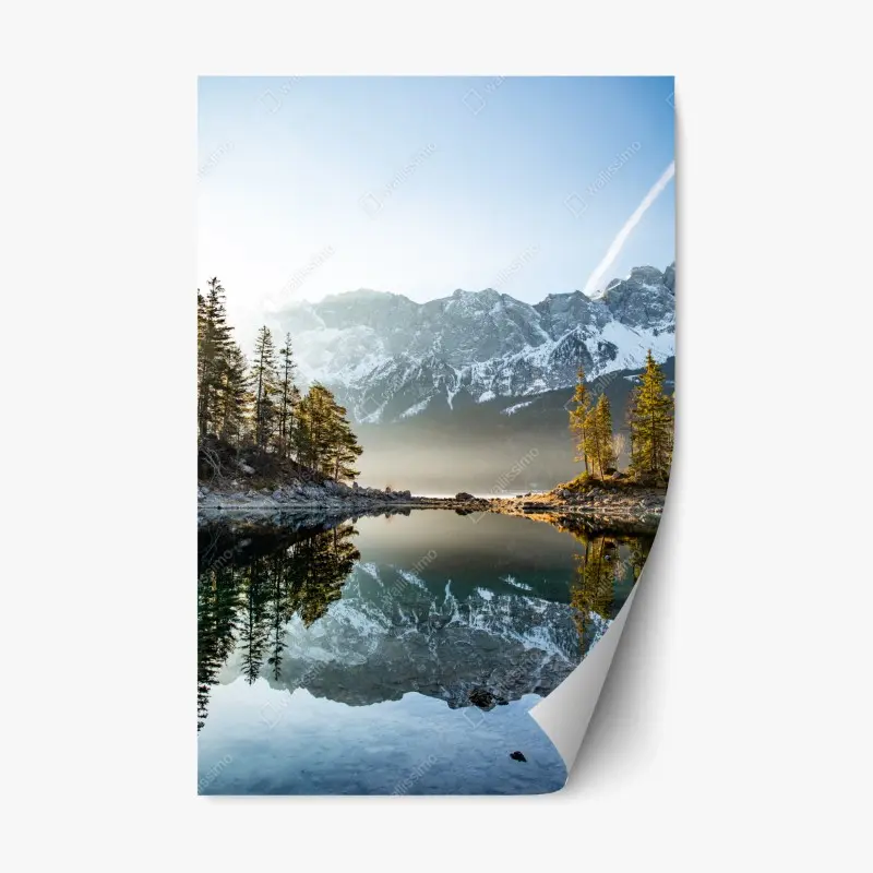 Repositionierbarer Aufkleber bergsee spiegelung bei sonnenaufgang