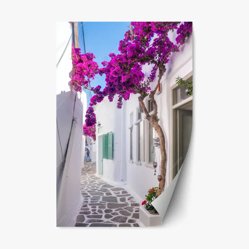 Repositionierbarer Aufkleber sonnige mediterrane gasse mit bougainvillea
