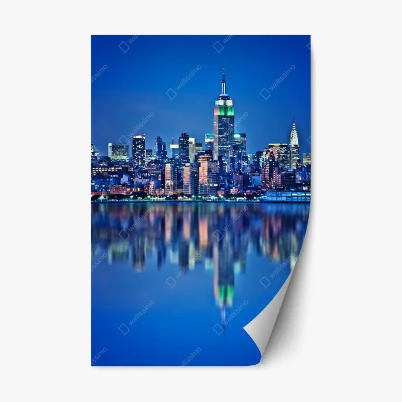 Repositionierbarer Aufkleber New York skyline bei nacht mit spiegelung