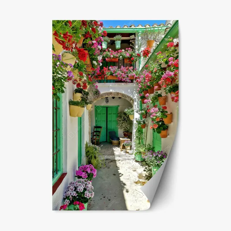 Repositionierbarer Aufkleber sonniger innenhof mit blumen und grünen türen