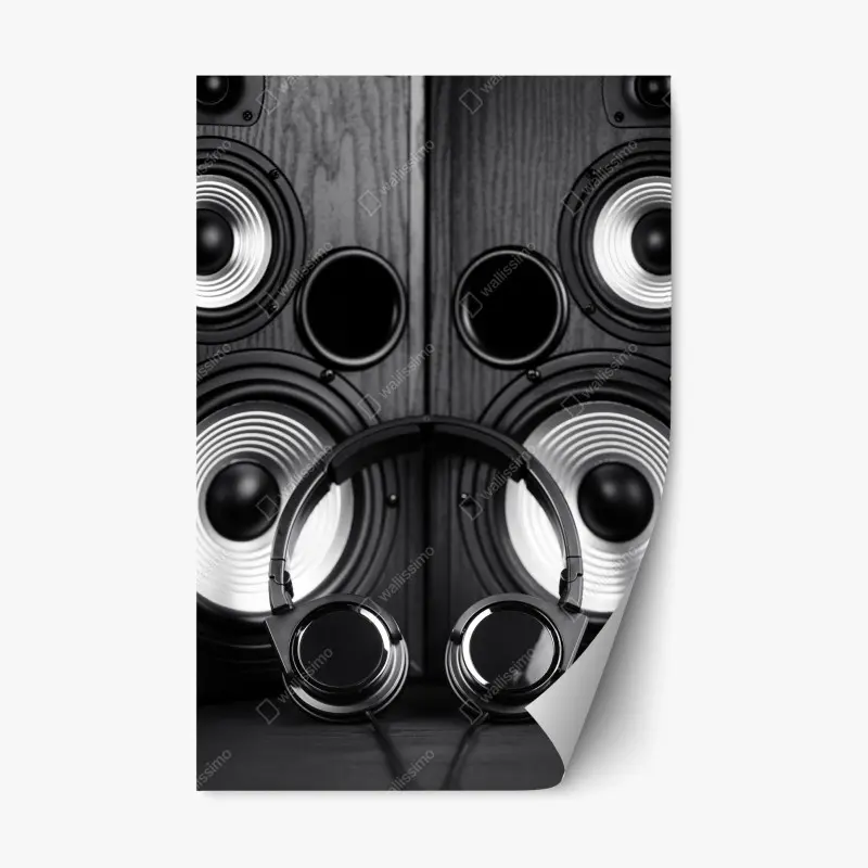 Repositionierbarer Aufkleber monochromes audio-ensemble mit kopfhörern und lautsprechern