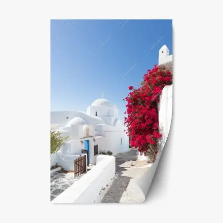Repositionierbarer Aufkleber sonnige gasse auf der insel mit leuchtender buganvillea – Pixers®
