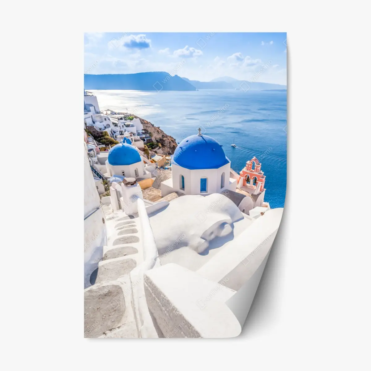 Repositionierbarer Aufkleber sonniges Santorini blaue kuppeln und meerblick – Pixers®