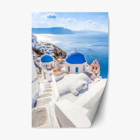 Repositionierbarer Aufkleber sonniges Santorini blaue kuppeln und meerblick – Pixers®