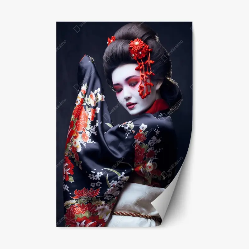 Repositionierbarer Aufkleber elegantes geisha-porträt in rotem und schwarzem kimono