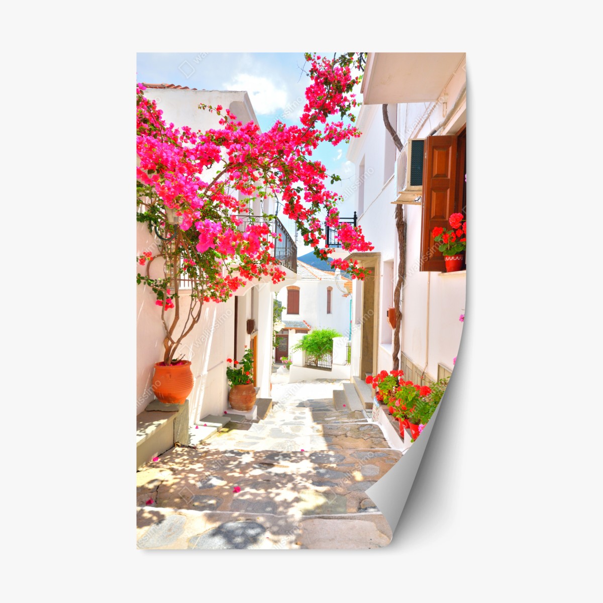 Repositionierbarer Aufkleber sonnige mediterrane gasse mit bougainvillea – Pixers®