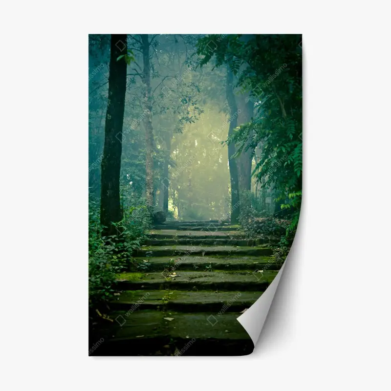 Repositionierbarer Aufkleber moosbedeckte steintreppe in den nebligen wald