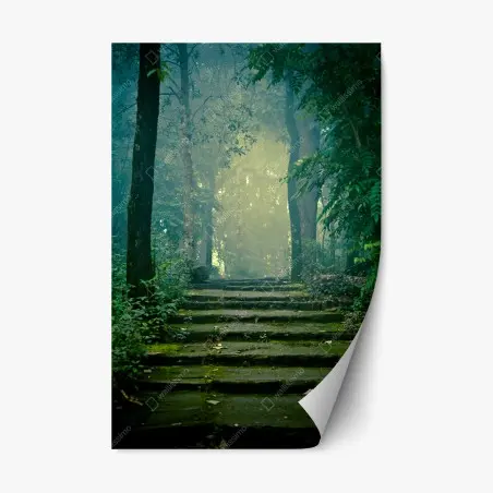 Repositionierbarer Aufkleber moosbedeckte steintreppe in den nebligen wald – Pixers®