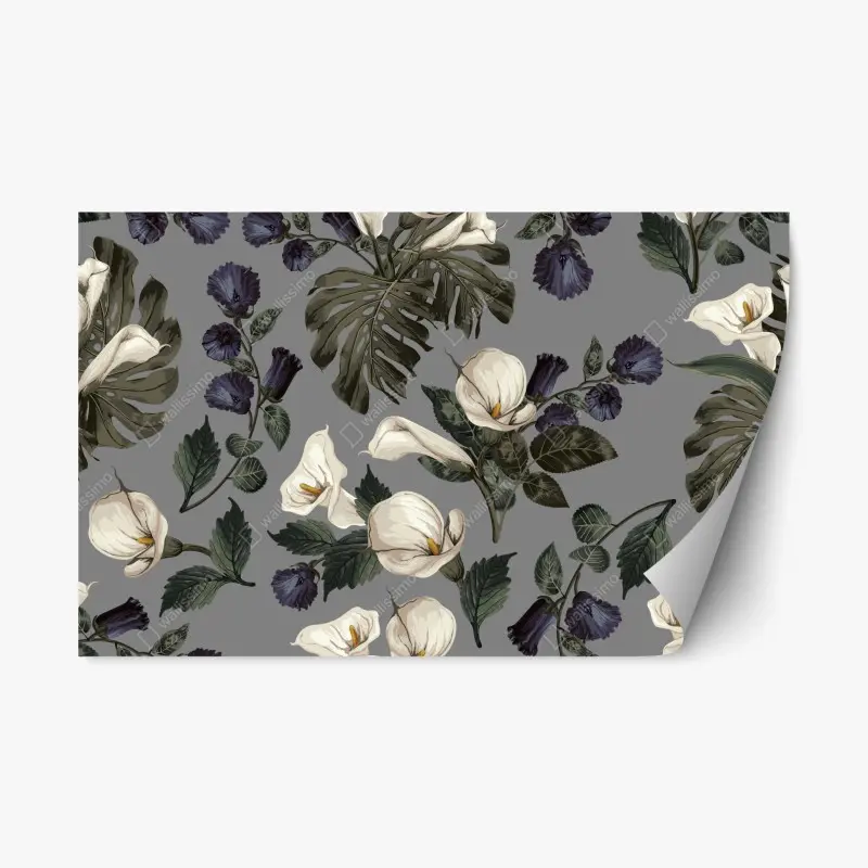 Repositionierbarer Aufkleber vintage calla blumenmuster auf grauem hintergrund
