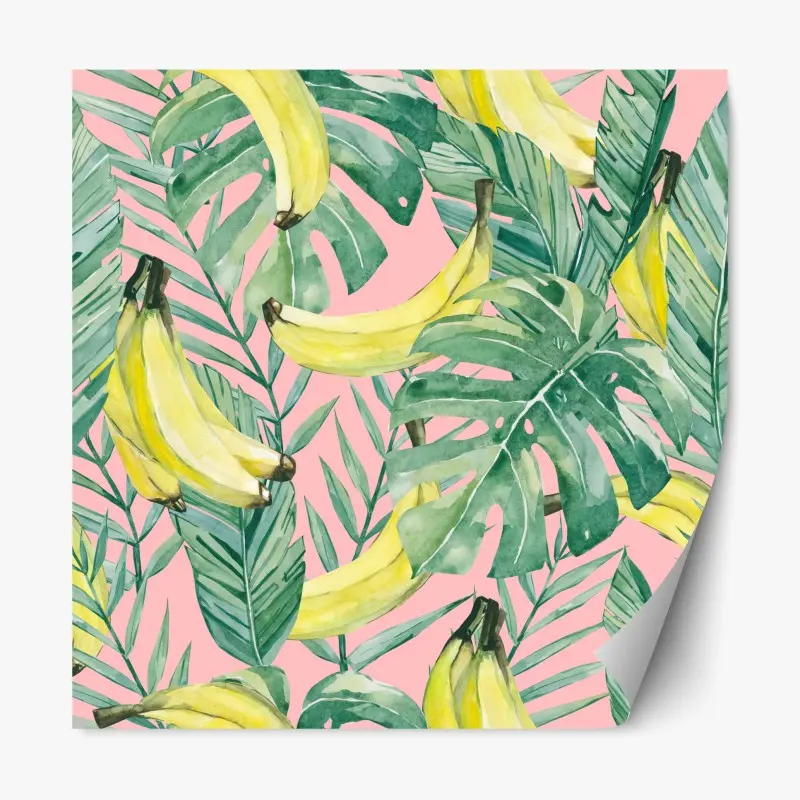 Repositionierbarer Aufkleber aquarell-bananen und blättermuster auf rosa hintergrund