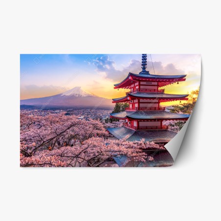 Repositionierbarer Aufkleber sonnenuntergang über dem Fuji und der Chureito-Pagode – Pixers®