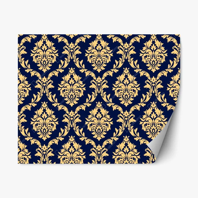 Repositionierbarer Aufkleber elegantes goldenes damastmuster auf tiefblauem hintergrund