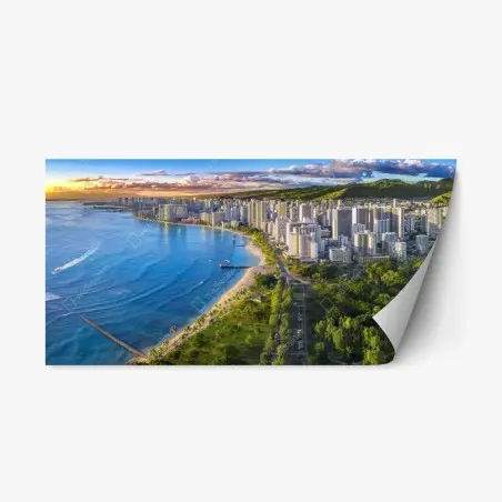 Repositionierbarer Aufkleber skyline einer küstenstadt bei sonnenuntergang – Pixers®