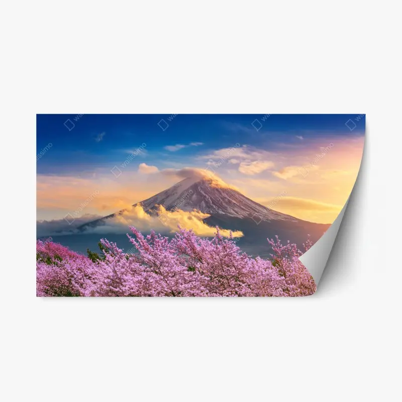 Repositionierbarer Aufkleber Berg Fuji mit blühenden kirschblüten bei sonnenaufgang
