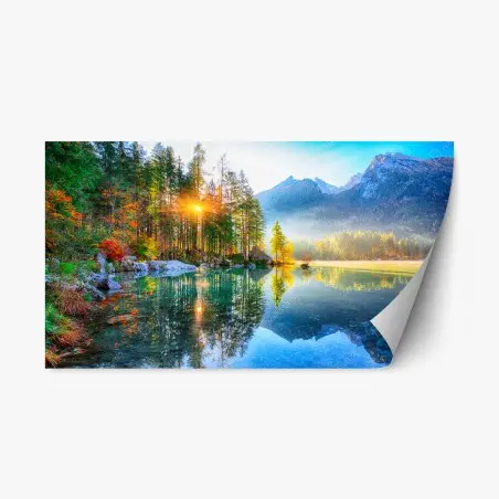 Repositionierbarer Aufkleber Hintersee herbstlicher sonnenaufgang über dem türkisfarbenen see – Pixers®