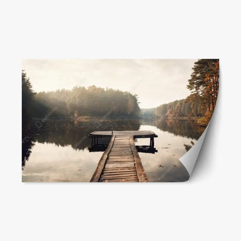 Repositionierbarer Aufkleber herbstmorgen am see mit hölzernem steg