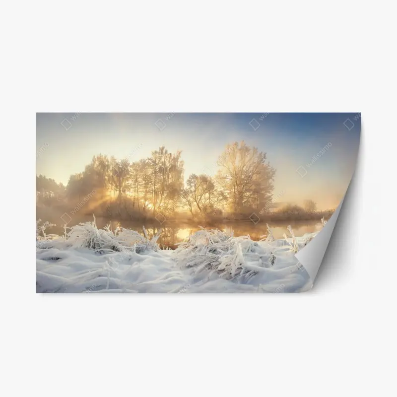 Repositionierbarer Aufkleber goldener wintersonnenaufgang über dem frostigen fluss