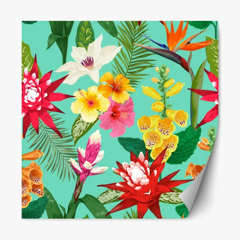 Repositionierbarer Aufkleber tropisches aquarell-blumenmuster mit hibiskus, tigerlilie und paradiesvogelblume