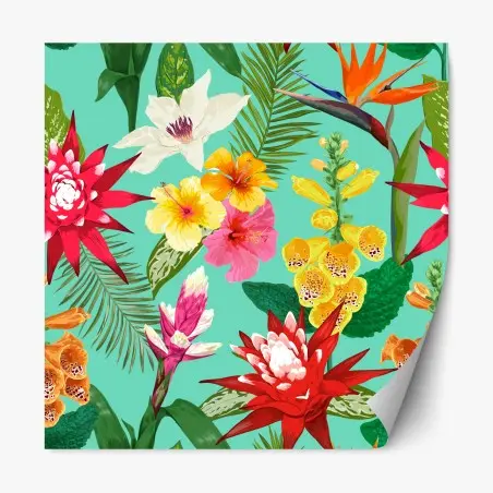 Repositionierbarer Aufkleber tropisches aquarell-blumenmuster mit hibiskus, tigerlilie und paradiesvogelblume – Pixers®
