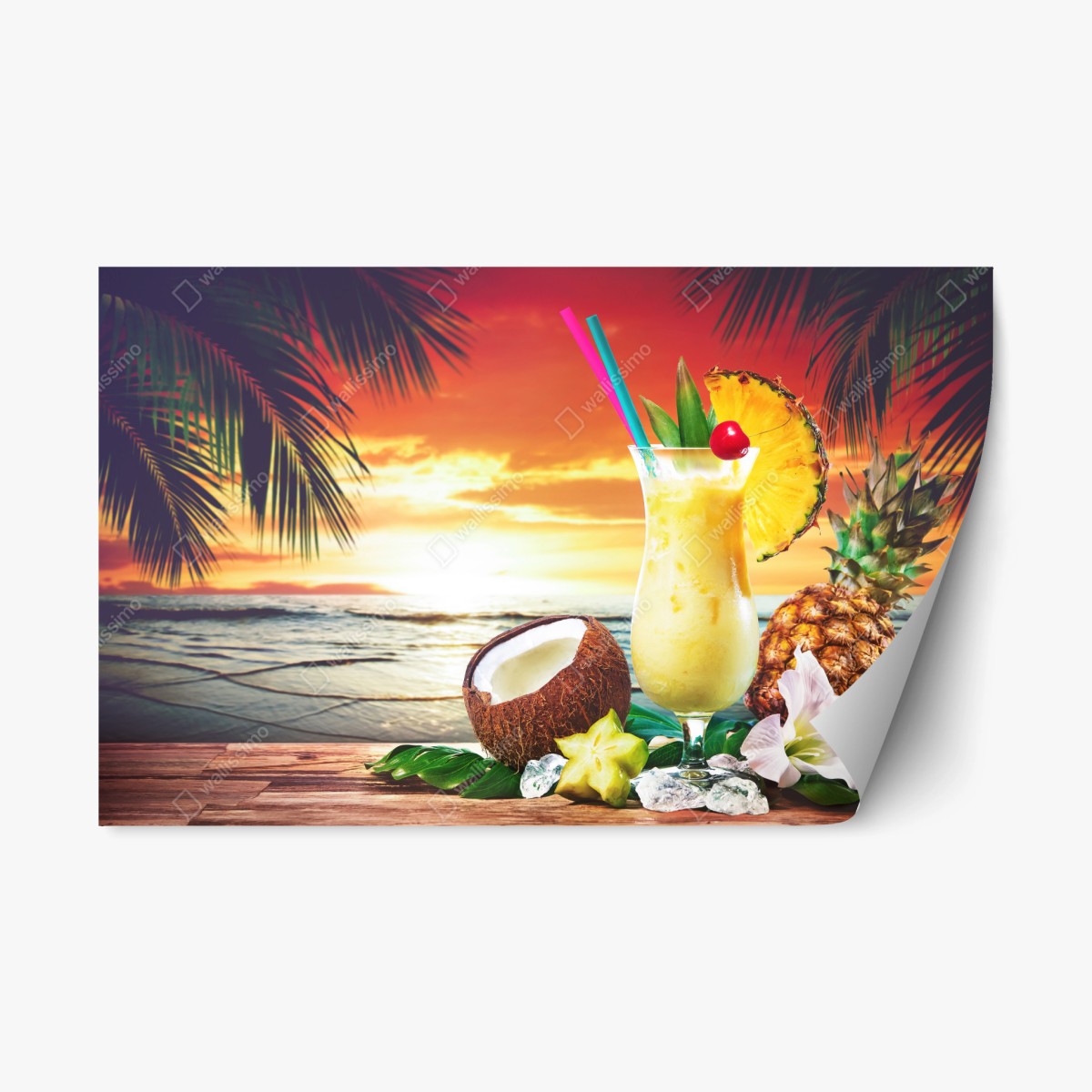 Repositionierbarer Aufkleber tropischer kokos-ananas-cocktail am strand bei sonnenuntergang – Pixers®