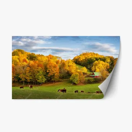 Repositionierbarer Aufkleber herbstliche landschaft mit roter scheune – Pixers®