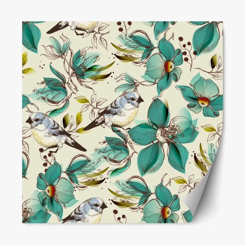 Repositionierbarer Aufkleber retro türkis blumen- und vogelmuster
