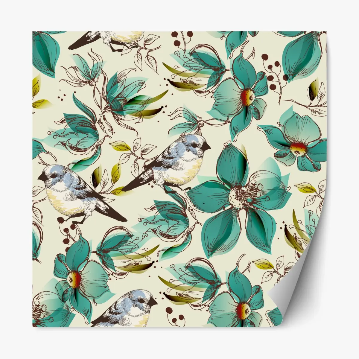 Repositionierbarer Aufkleber retro türkis blumen- und vogelmuster – Pixers®