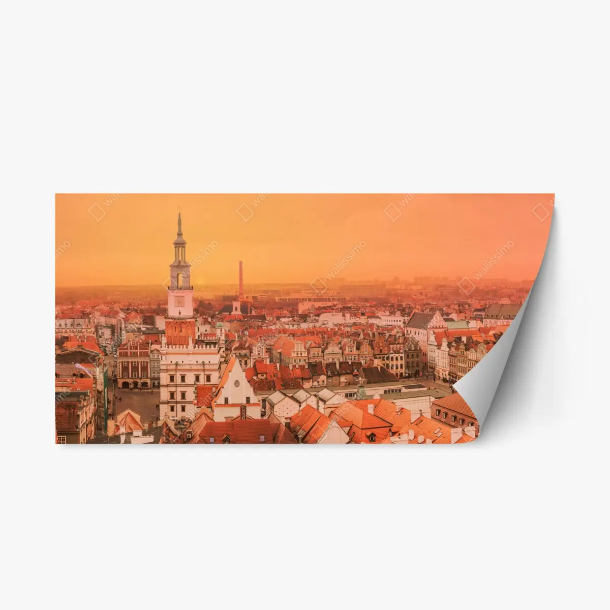 Repositionierbarer Aufkleber warmer sonnenuntergang über historischen stadtdächern – Pixers®