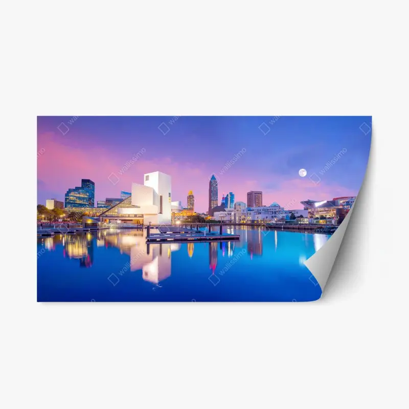 Repositionierbarer Aufkleber stadtskyline von Cleveland bei dämmerung