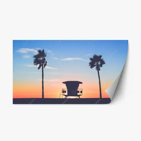 Repositionierbarer Aufkleber sonnenuntergang am strand mit palmen und rettungsturm – Pixers®