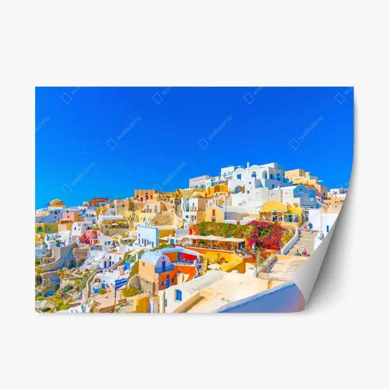 Repositionierbarer Aufkleber sonniges Dorf Oia, Santorini