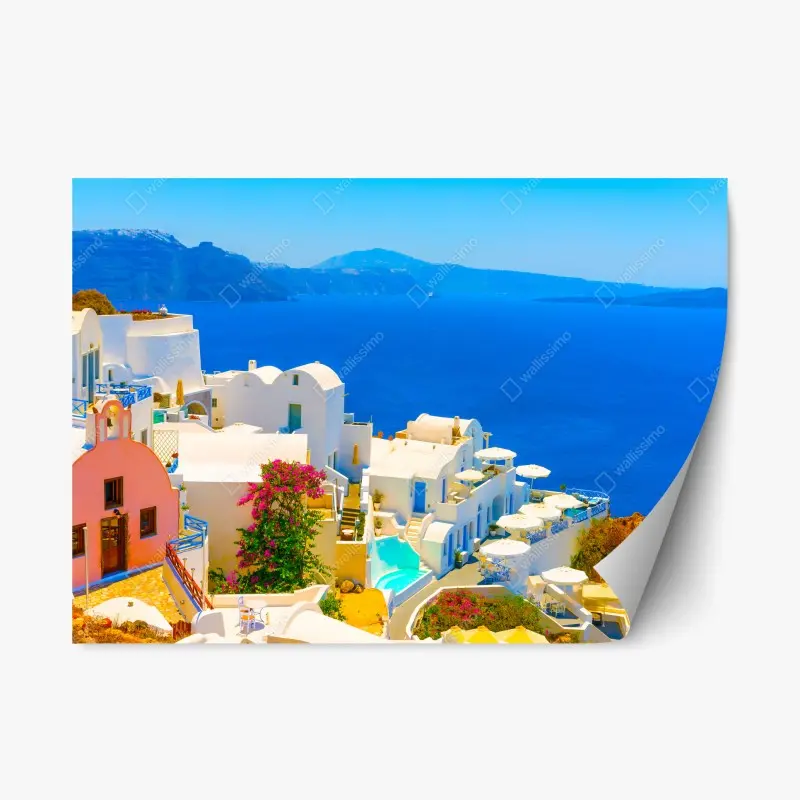 Repositionierbarer Aufkleber sonniger blick auf Santorini mit weißen häusern und blauem meer