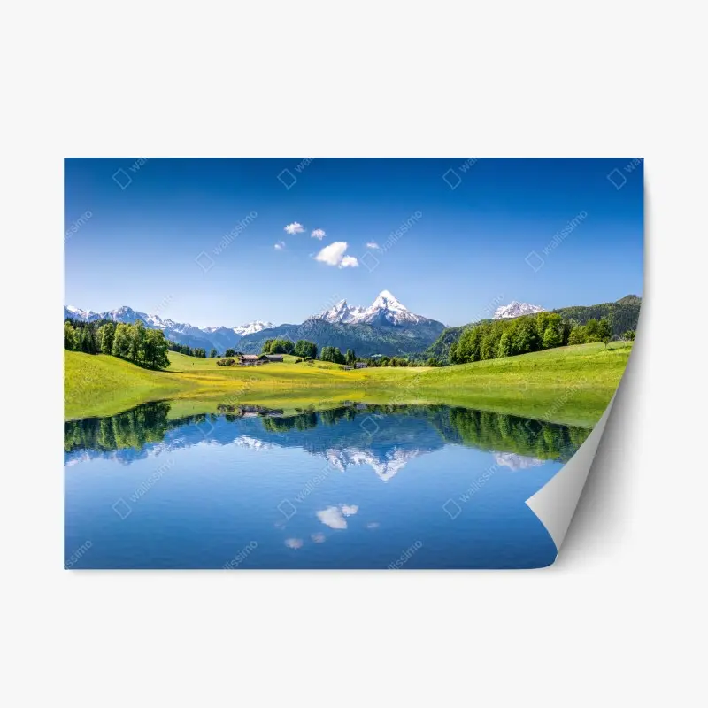 Repositionierbarer Aufkleber alpenpanorama mit spiegelung im see