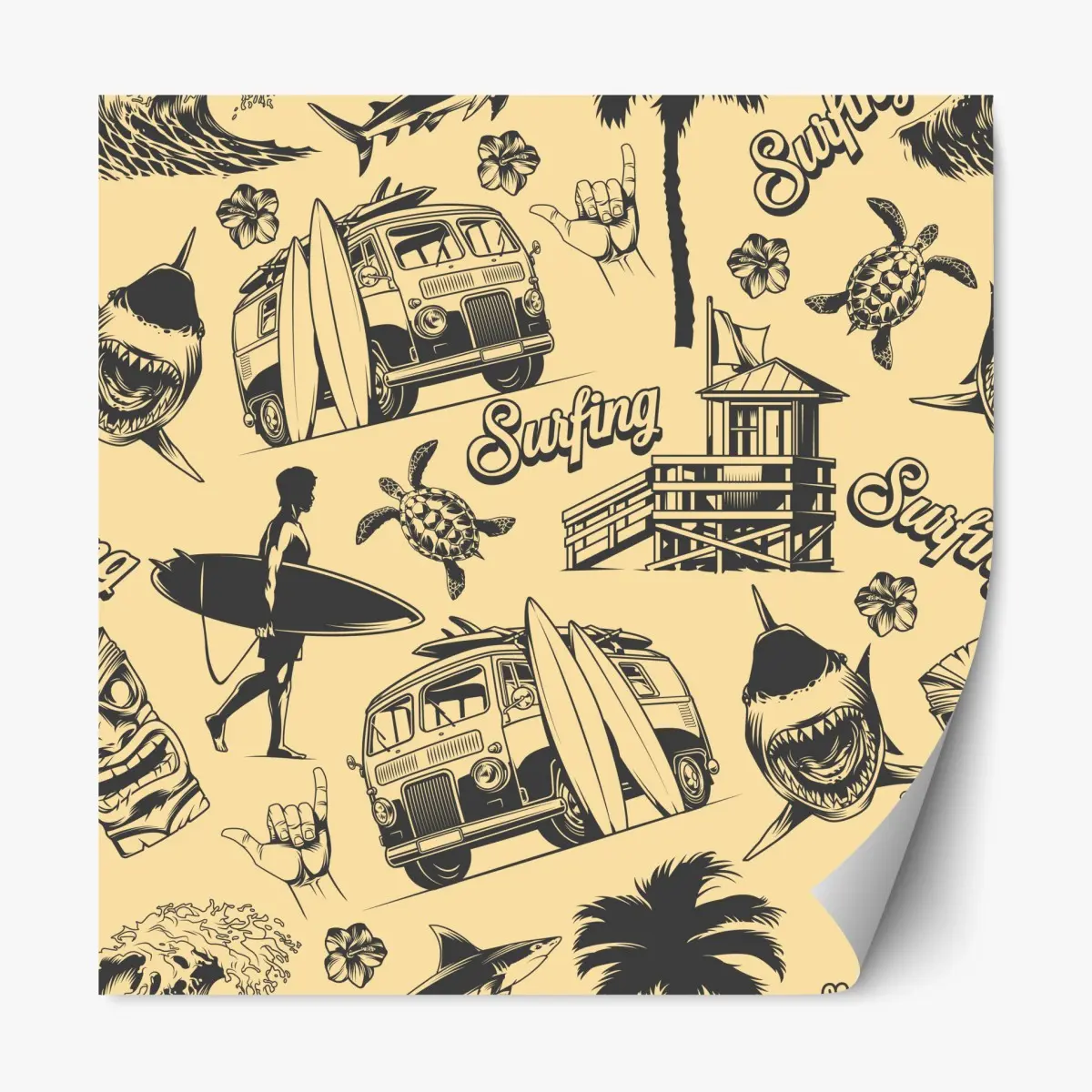 Repositionierbarer Aufkleber retro surfing muster mit campingbus und wellen – Pixers®
