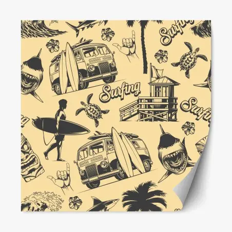 Repositionierbarer Aufkleber retro surfing muster mit campingbus und wellen – Pixers®