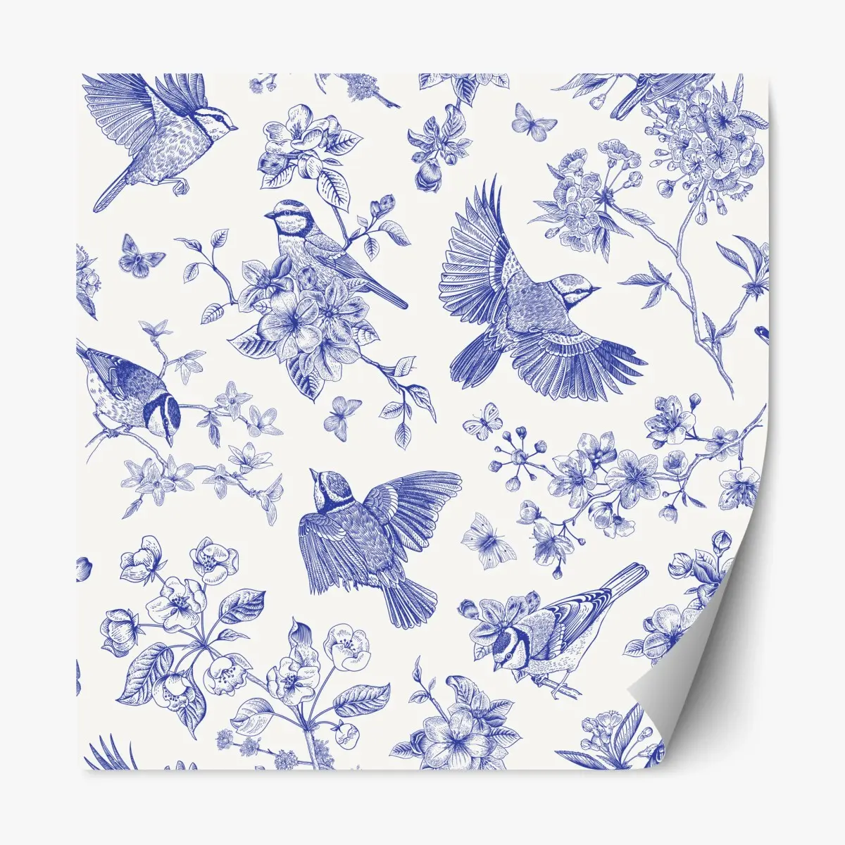Repositionierbarer Aufkleber blaues muster mit vögeln und blüten im vintage-stil – Pixers®