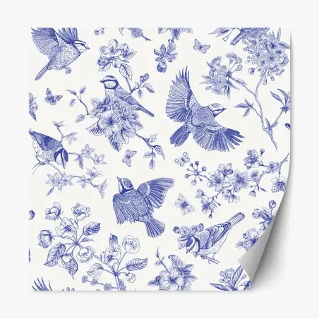 Repositionierbarer Aufkleber blaues muster mit vögeln und blüten im vintage-stil – Pixers®