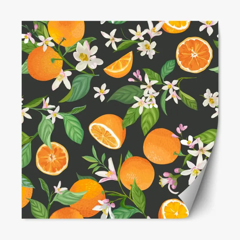 Repositionierbarer Aufkleber orangeblüten- und zitrusmuster auf dunklem hintergrund