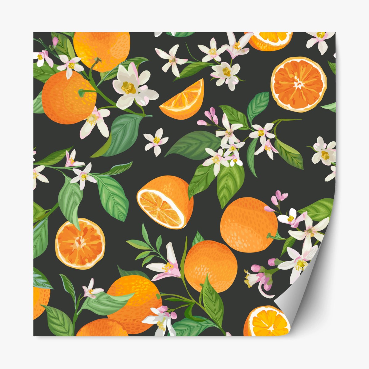 Repositionierbarer Aufkleber orangeblüten- und zitrusmuster auf dunklem hintergrund – Pixers®