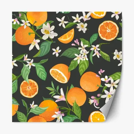 Repositionierbarer Aufkleber orangeblüten- und zitrusmuster auf dunklem hintergrund – Pixers®