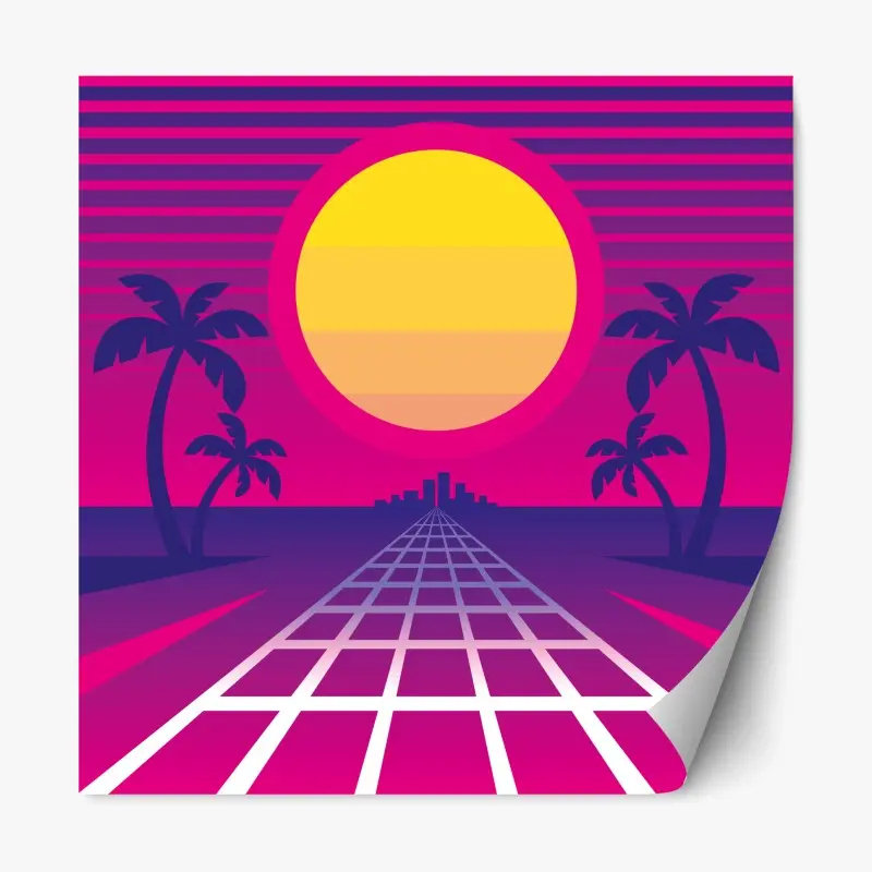 Repositionierbarer Aufkleber neon sonnenuntergang skyline
