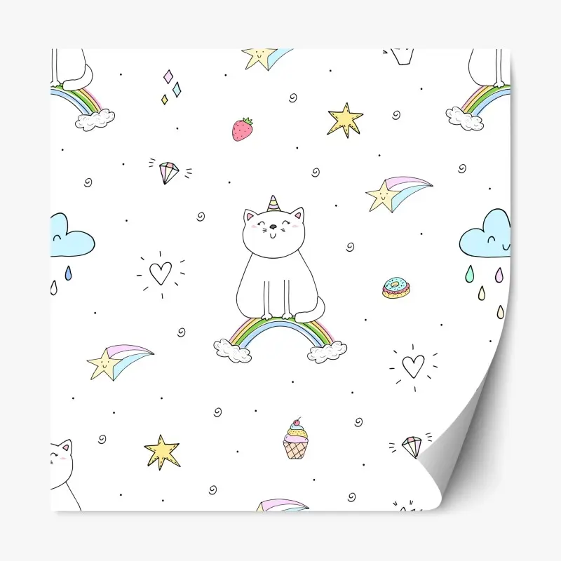 Repositionierbarer Aufkleber pastell-einhornkatze auf dem regenbogen