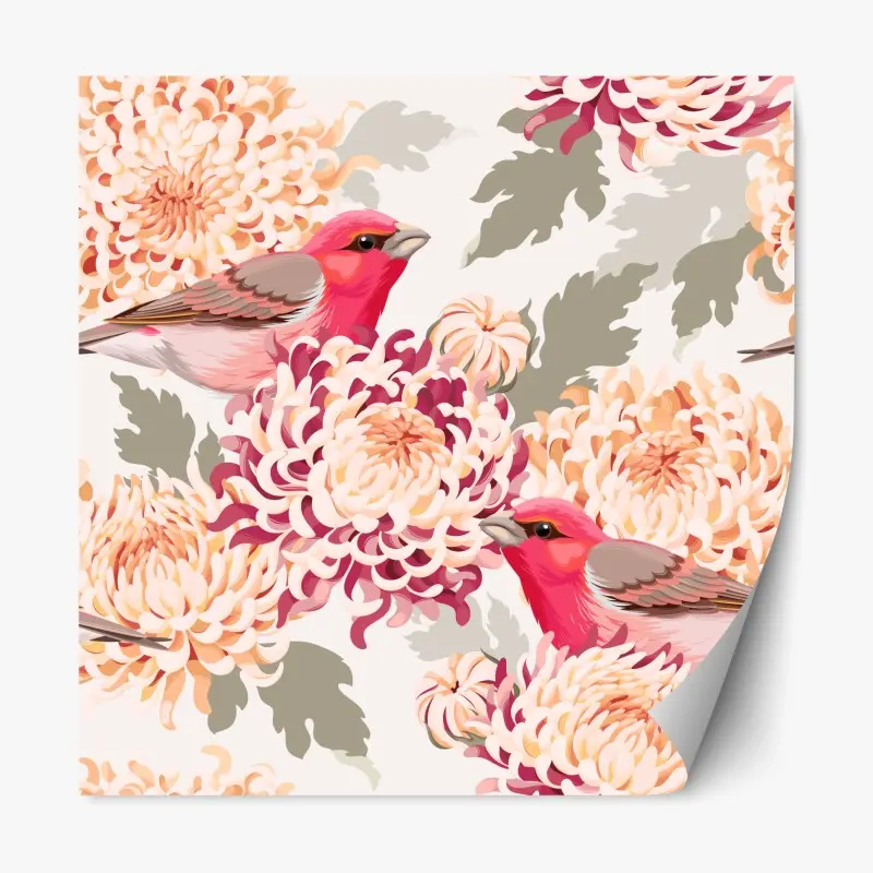 Repositionierbarer Aufkleber rosa vögel und chryzanthemenmuster